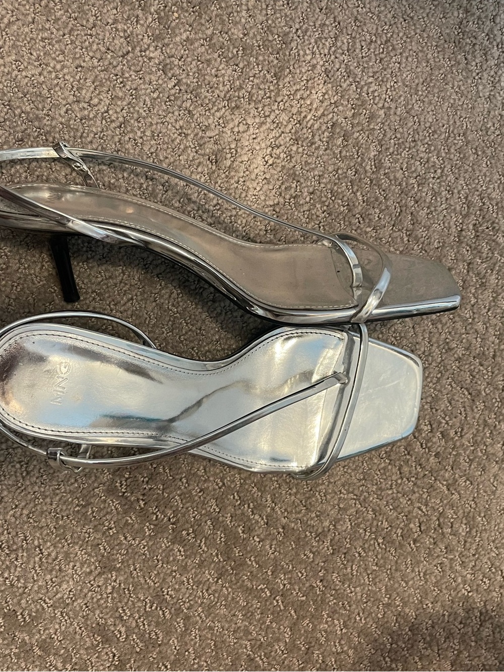 Mango Metallic Silver Strappy Square-Toe Heels